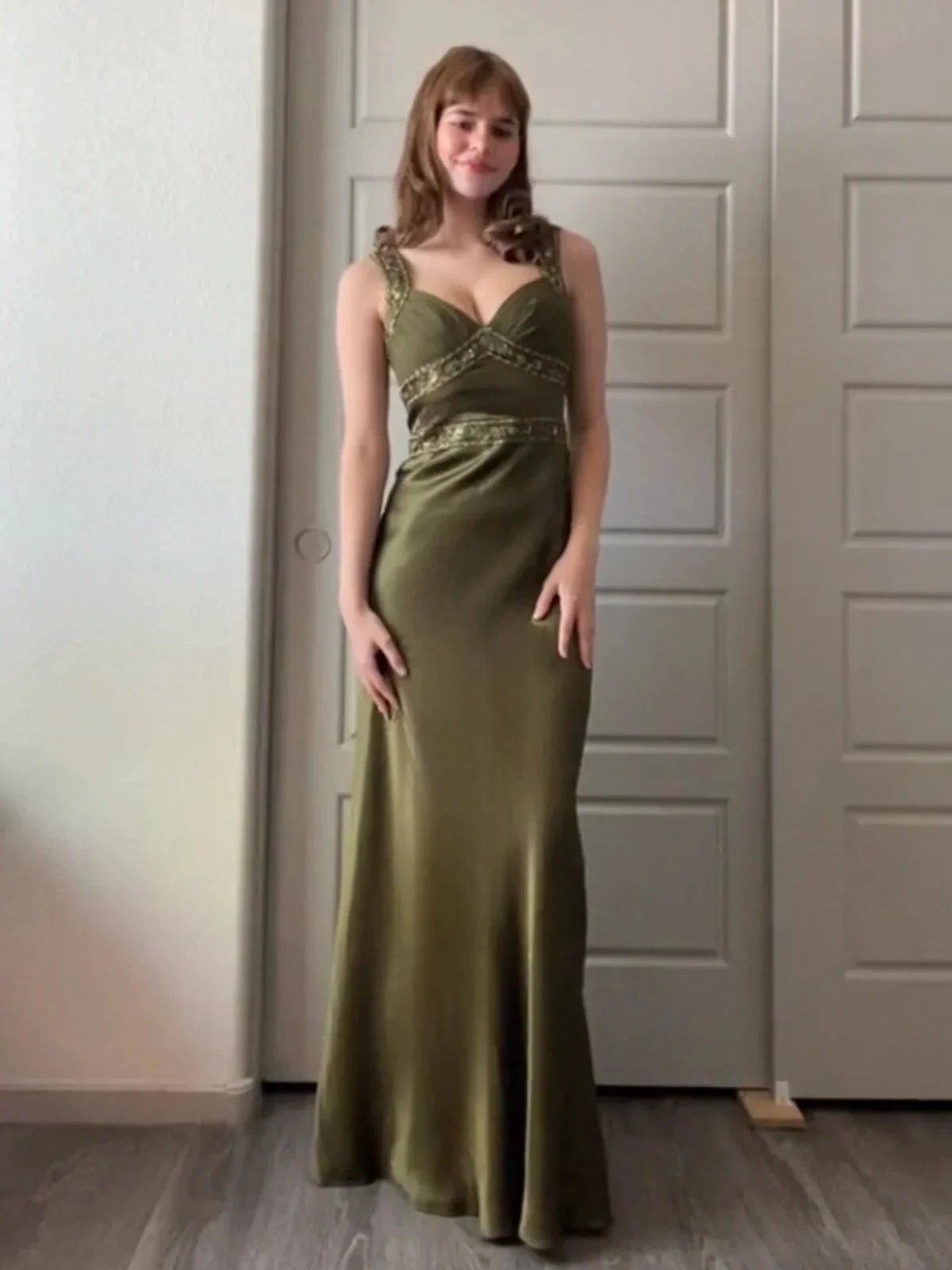 Philomena | Olive Green Sheath Satin Beaded Long Prom Dresses by KissProm