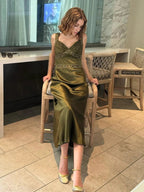 Philomena | Olive Green Sheath Satin Beaded Long Prom Dresses by KissProm