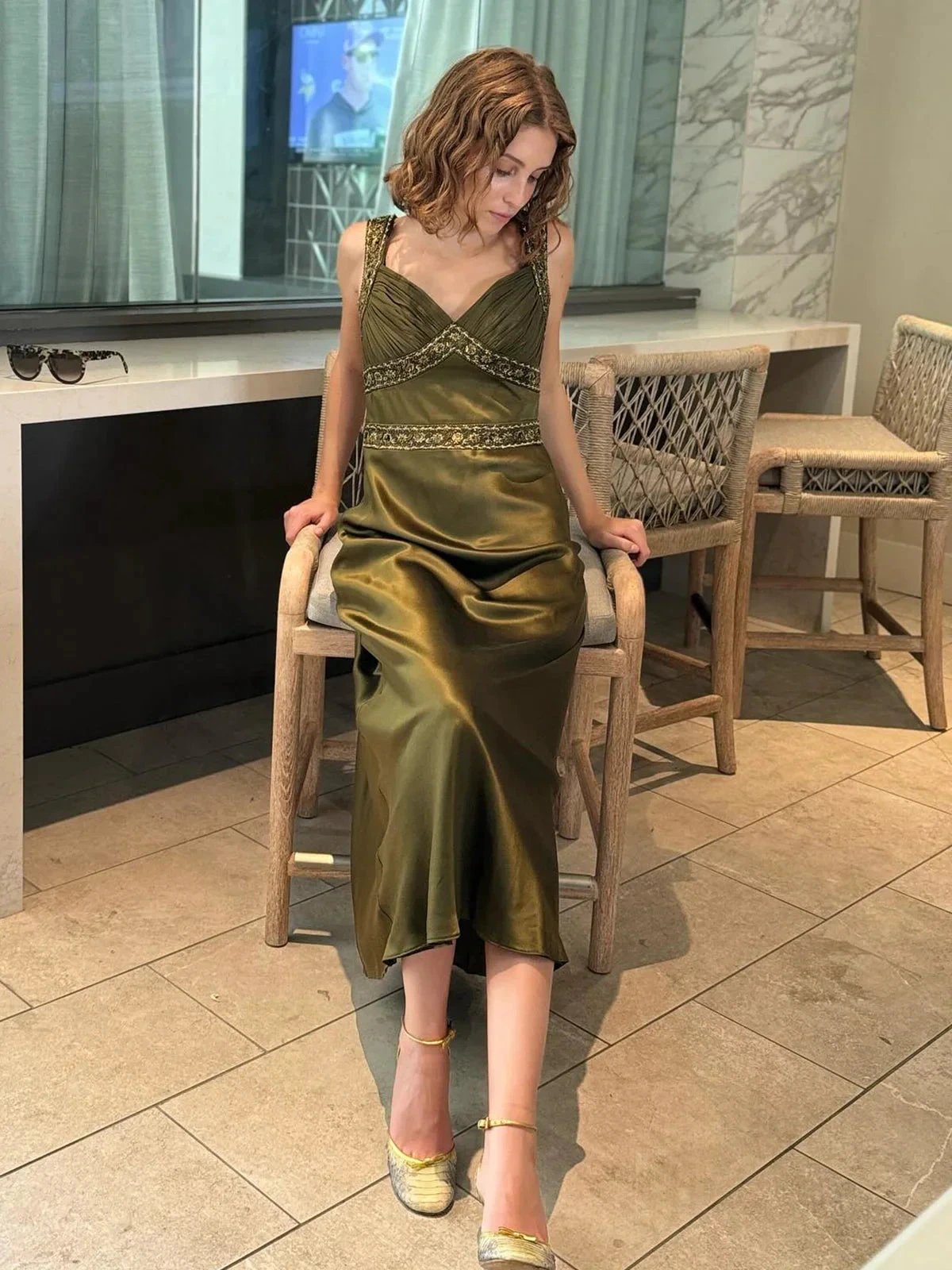 Philomena | Olive Green Sheath Satin Beaded Long Prom Dresses by KissProm