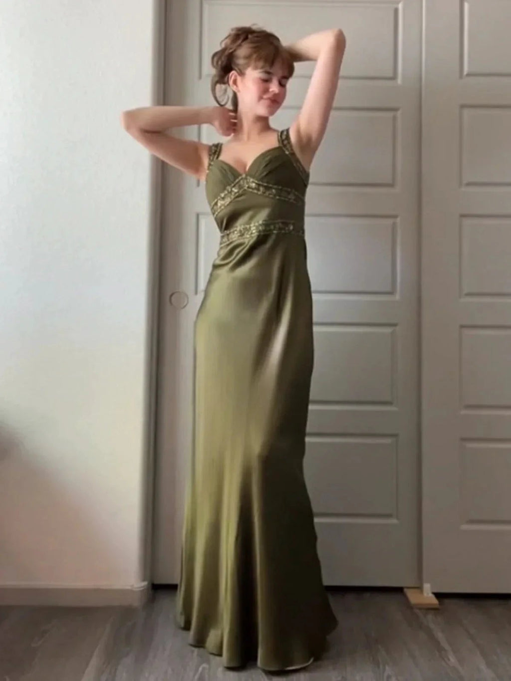Philomena | Olive Green Sheath Satin Beaded Long Prom Dresses by KissProm