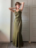 Philomena | Olive Green Sheath Satin Beaded Long Prom Dresses by KissProm