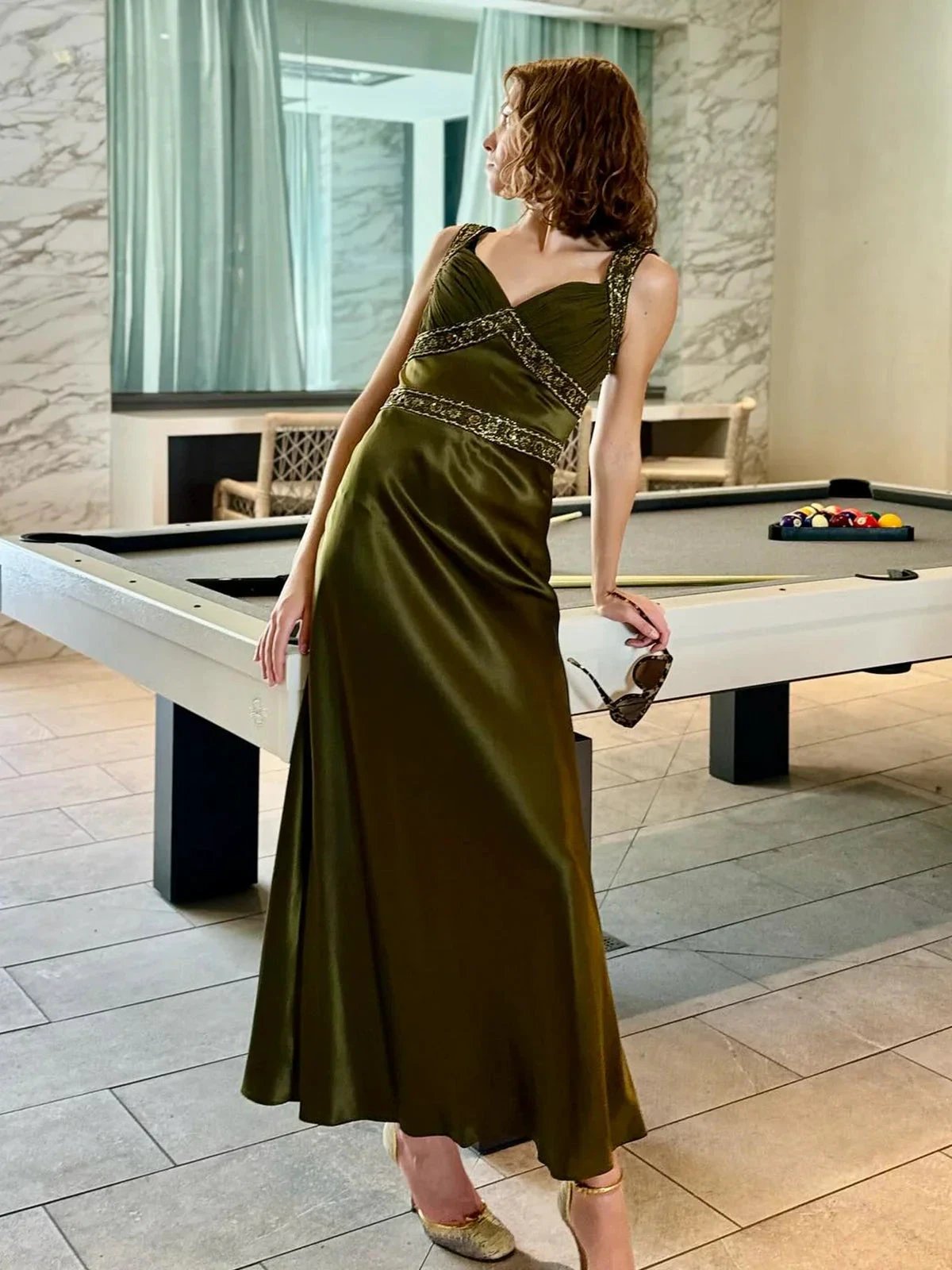Philomena | Olive Green Sheath Satin Beaded Long Prom Dresses by KissProm