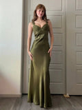 Philomena | Olive Green Sheath Satin Beaded Long Prom Dresses by KissProm