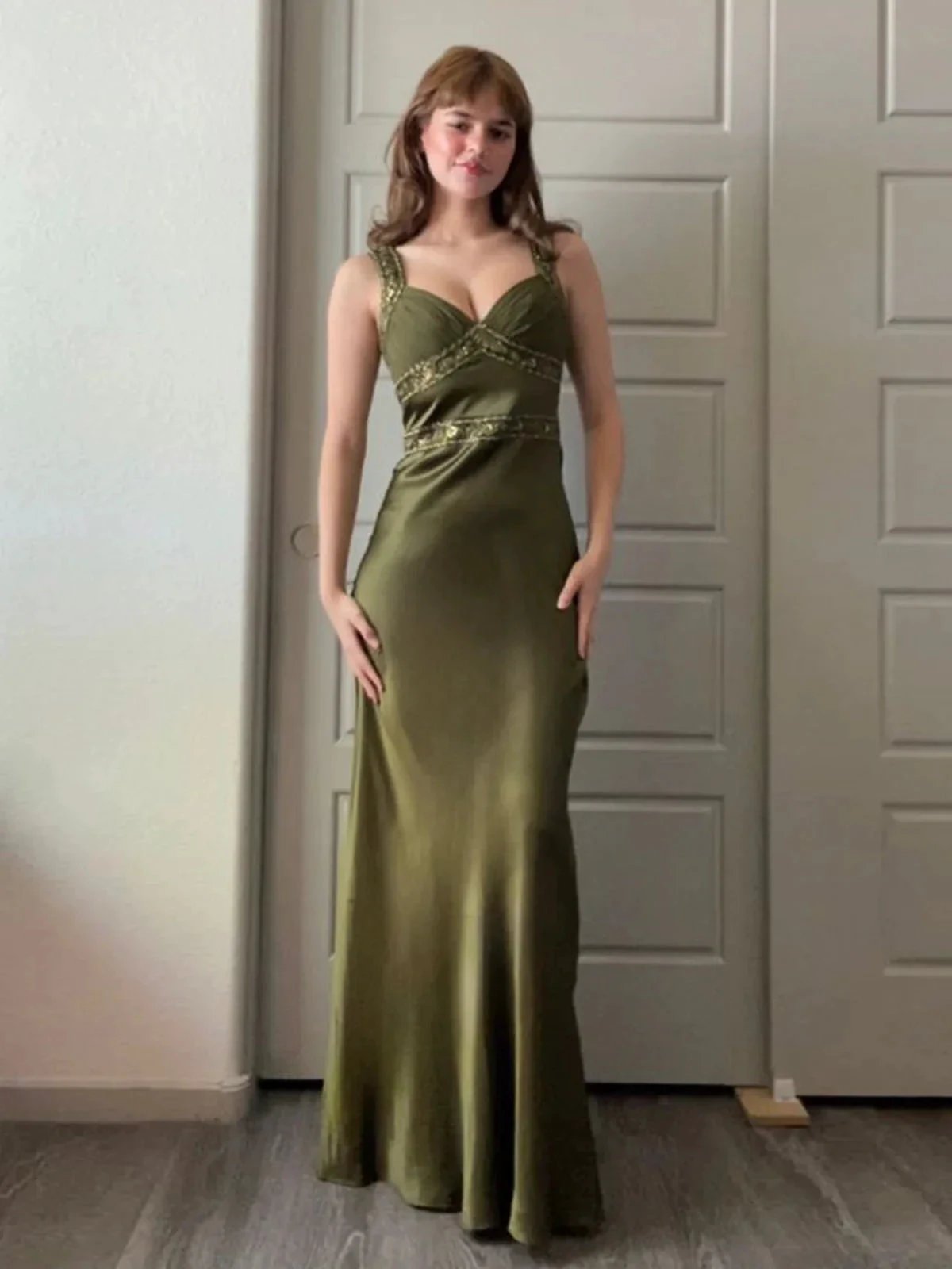 Philomena | Olive Green Sheath Satin Beaded Long Prom Dresses by KissProm