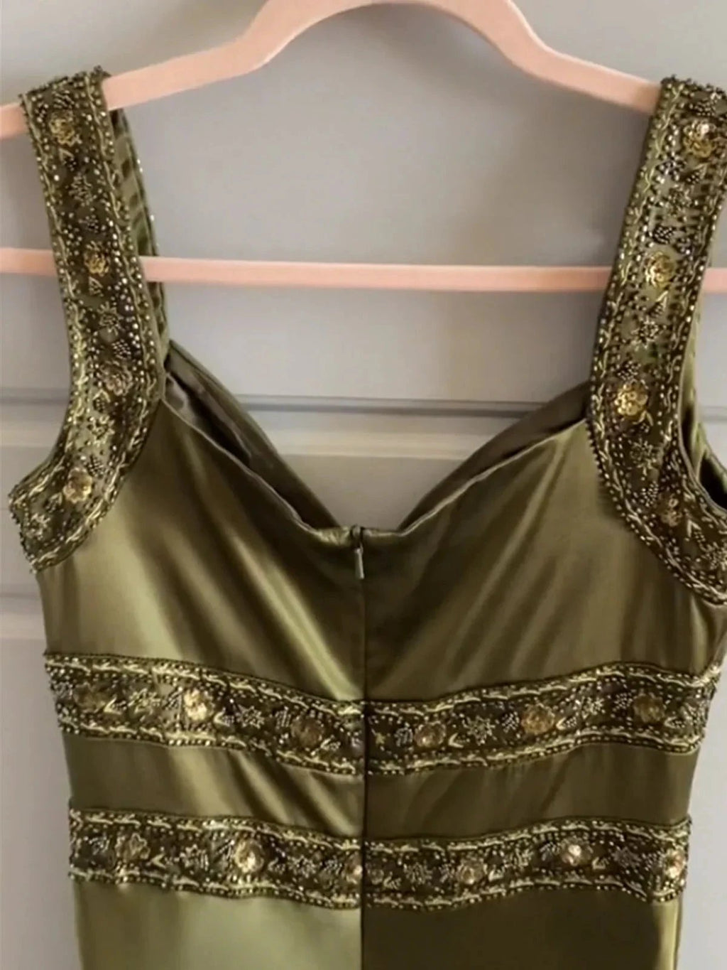 Philomena | Olive Green Sheath Satin Beaded Long Prom Dresses by KissProm
