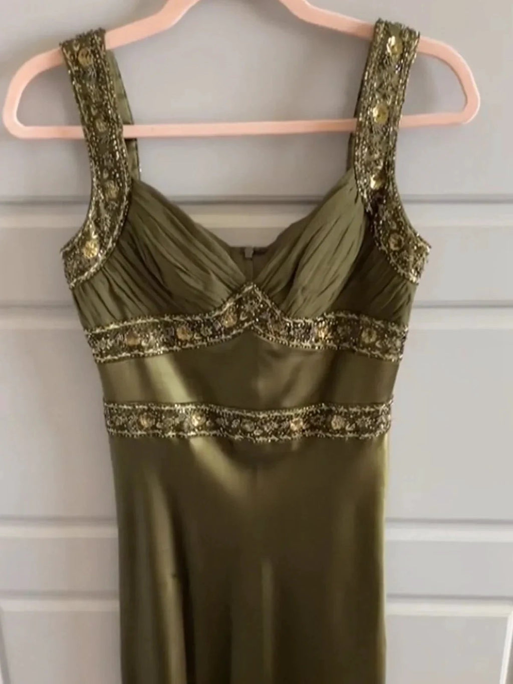 Philomena | Olive Green Sheath Satin Beaded Long Prom Dresses by KissProm