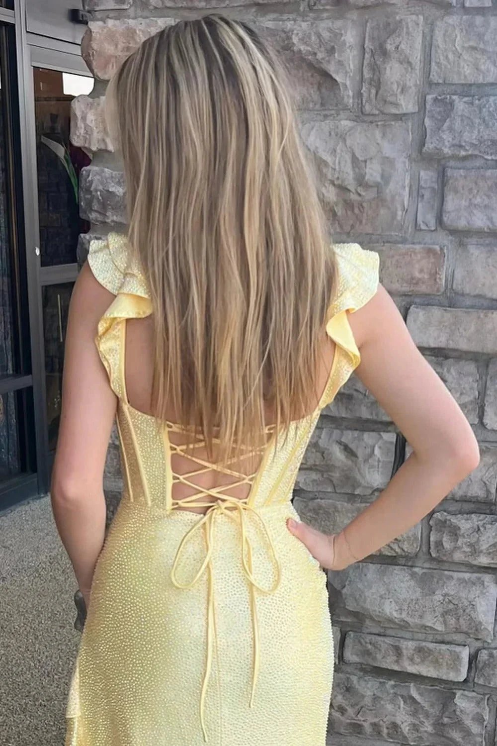 Phyllis | Mermaid Yellow Spaghetti Straps Satin Beaded Long Prom Dress by KissProm