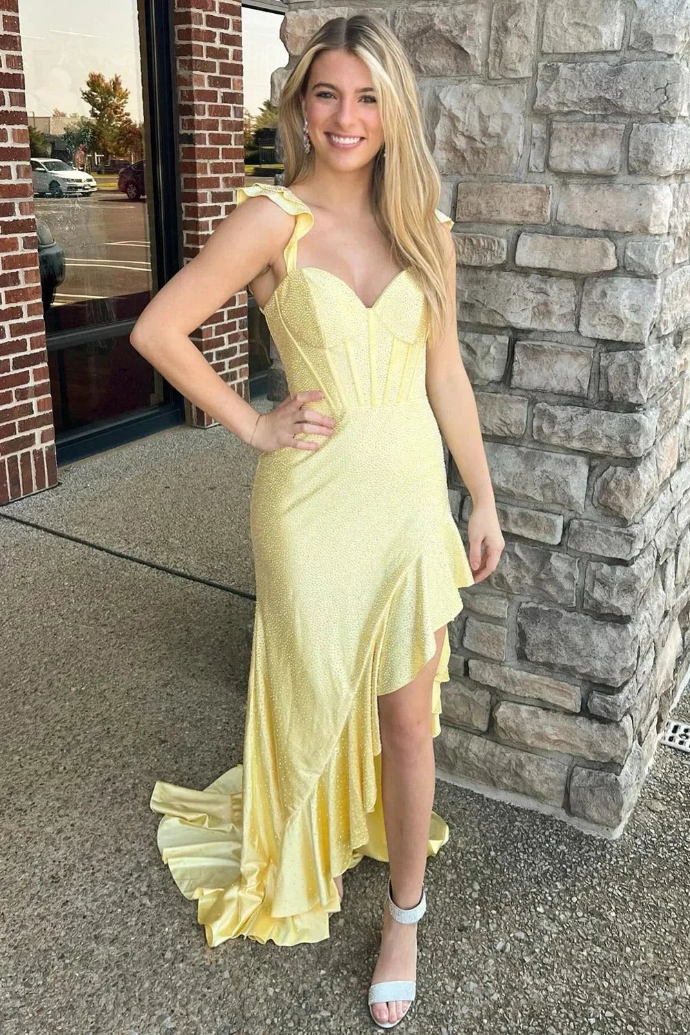 Phyllis | Mermaid Yellow Spaghetti Straps Satin Beaded Long Prom Dress by KissProm