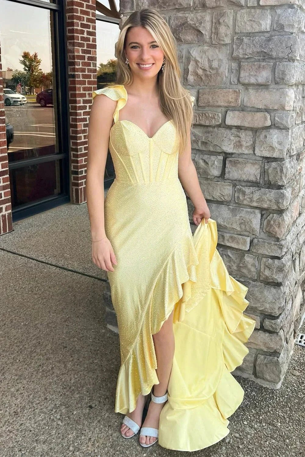 Phyllis | Mermaid Yellow Spaghetti Straps Satin Beaded Long Prom Dress by KissProm