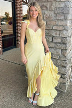 Phyllis | Mermaid Yellow Spaghetti Straps Satin Beaded Long Prom Dress by KissProm