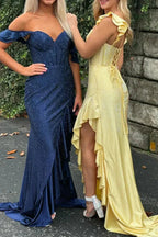 Phyllis | Mermaid Yellow Spaghetti Straps Satin Beaded Long Prom Dress by KissProm
