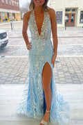 Pierette | Halter V-Neck Appliques Sleeveless Mermaid Prom Dress with Slit by KissProm