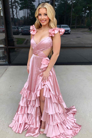 Brittany | Langes rotes A-Linien-Ballkleid mit Cut-outs und Rüschen und Schlitz