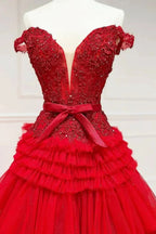Pink A Line Tulle Ruffles Off the Shoulder Long Prom Dresses with Bow by KissProm