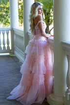 Pink A Line Tulle Ruffles Off the Shoulder Long Prom Dresses with Bow by KissProm