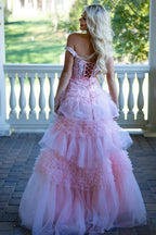 Pink A Line Tulle Ruffles Off the Shoulder Long Prom Dresses with Bow by KissProm