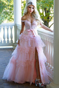 Pink A Line Tulle Ruffles Off the Shoulder Long Prom Dresses with Bow by KissProm