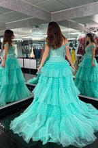 Pink A Line Tulle Ruffles Off the Shoulder Long Prom Dresses with Bow by KissProm