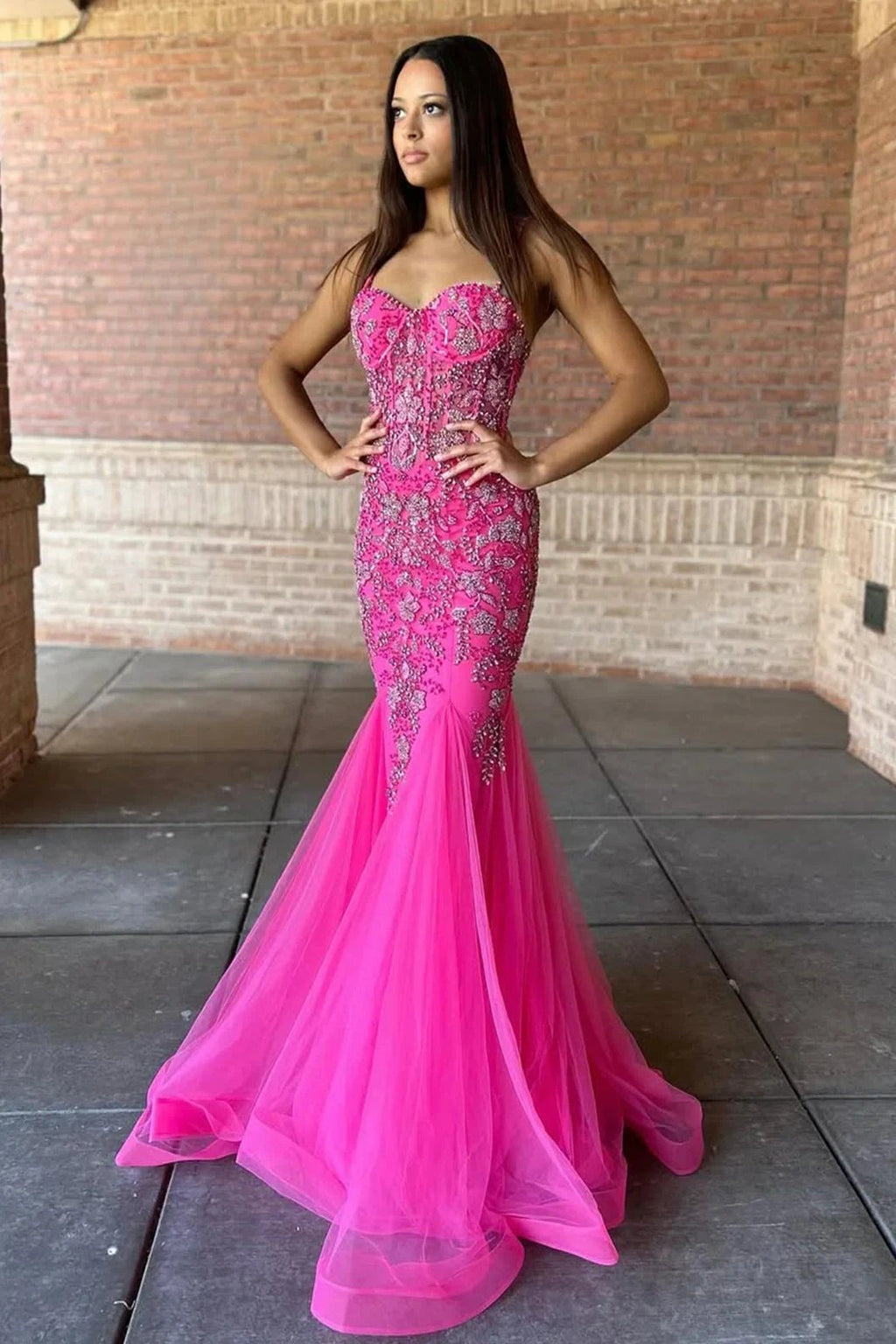 Oakleigh | Pink Beaded Spaghetti Strap Trumpet Long Gown by KissProm