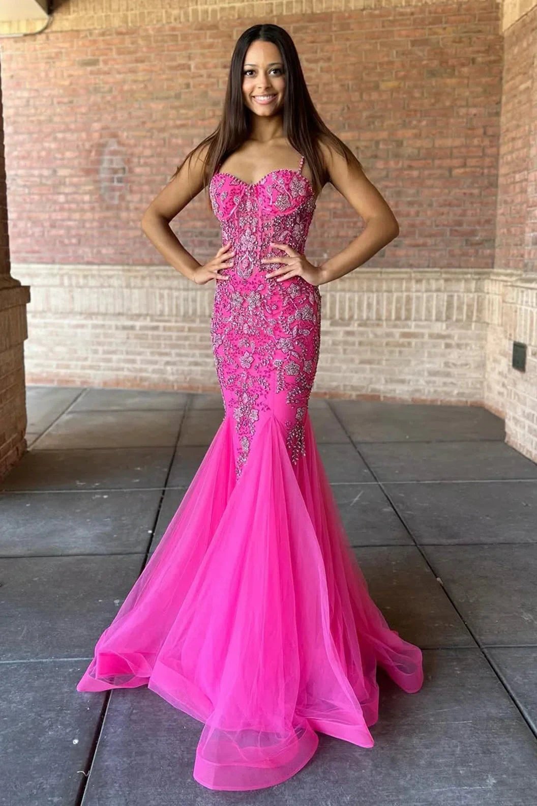 Oakleigh | Pink Beaded Spaghetti Strap Trumpet Long Gown by KissProm