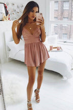 Vestito corto per festa di ritorno a casa con spalline sottili in pizzo chiffon rosa PD254