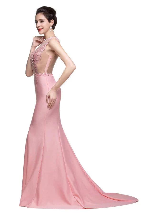 Pink Crew Sweep-length Mermaid Prom Dresses With Imitation Pearls by misshow.com