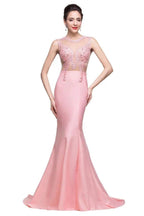 Pink Crew Sweep-length Mermaid Prom Dresses With Imitation Pearls by misshow.com