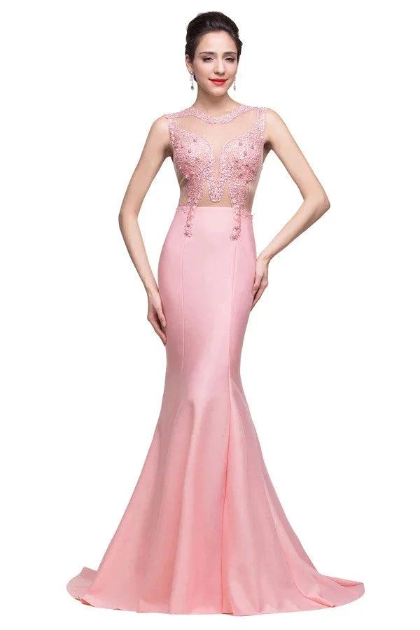 Pink Crew Sweep-length Mermaid Prom Dresses With Imitation Pearls by misshow.com