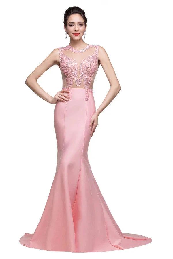 Pink Crew Sweep-length Mermaid Prom Dresses With Imitation Pearls by misshow.com
