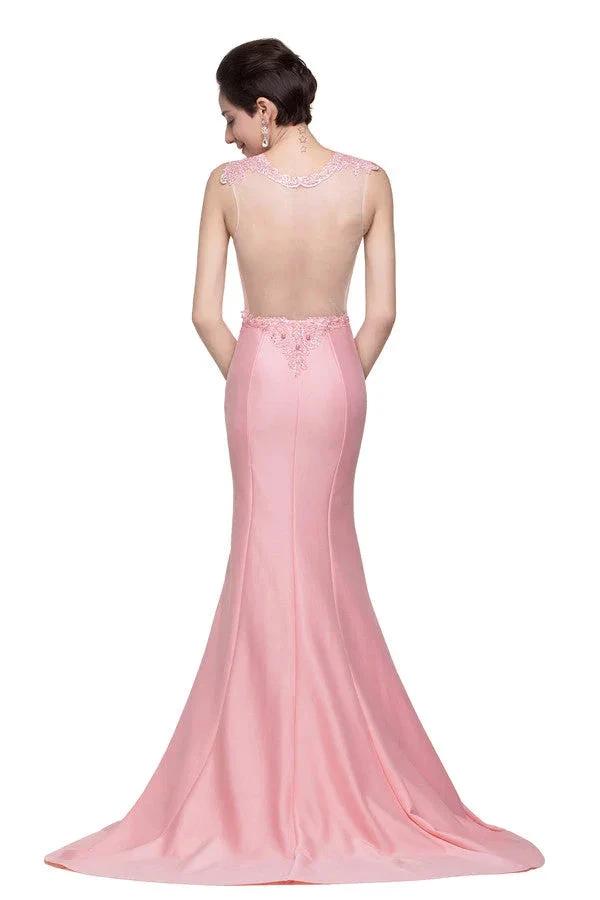 Pink Crew Sweep-length Mermaid Prom Dresses With Imitation Pearls by misshow.com