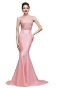 Pink Crew Sweep-length Mermaid Prom Dresses With Imitation Pearls by misshow.com
