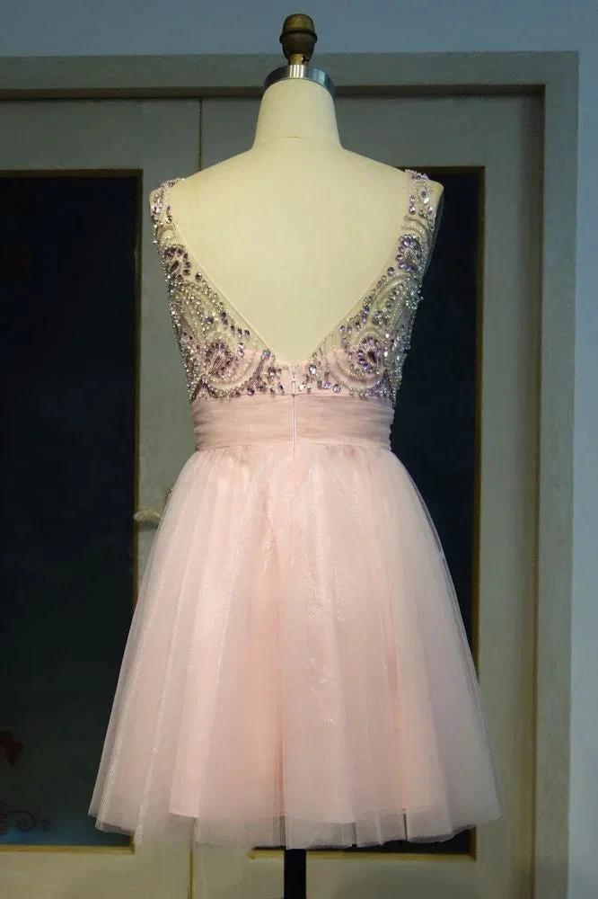 Pink Crystal Beading A-line Short Scoop Sleeveless Prom Dresses by misshow.com