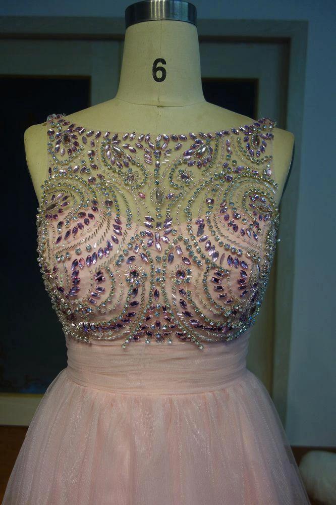 Pink Crystal Beading A-line Short Scoop Sleeveless Prom Dresses by misshow.com