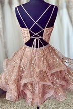 Pink Deep V-Neck Homecoming Dress Sequined Short Prom Dress PD426 by pgmdress
