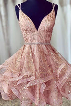 Pink Deep V-Neck Homecoming Dress Sequined Short Prom Dress PD426 by pgmdress