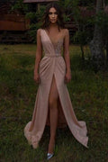 Pink Evening Dresses Long V Neck | Prom dresses with glitter by misshow.com