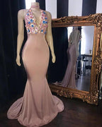 Pink Flowers Appliques Mermaid Long Prom Dresses Glamorous Sleeveless V-Neck Evening Gowns by BIZTUNNEL