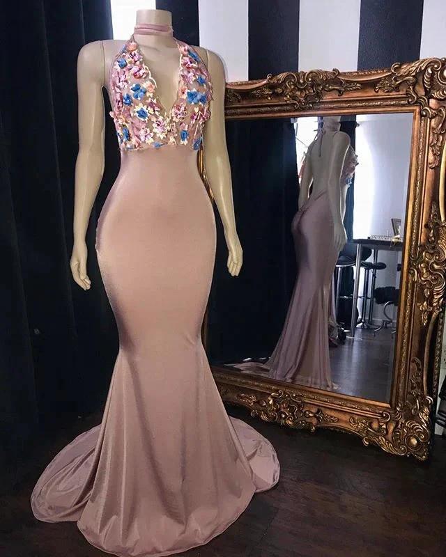 Pink Flowers Appliques Mermaid Long Prom Dresses Glamorous Sleeveless V-Neck Evening Gowns by BIZTUNNEL