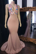 Pink Flowers Appliques Mermaid Long Prom Dresses Glamorous Sleeveless V-Neck Evening Gowns by BIZTUNNEL