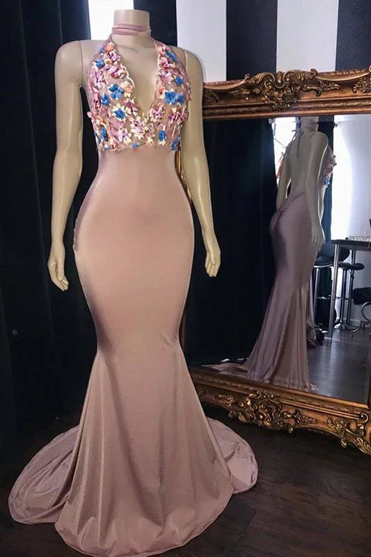 Pink Flowers Appliques Mermaid Long Prom Dresses Glamorous Sleeveless V-Neck Evening Gowns by BIZTUNNEL