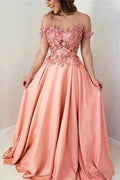 Pink Flowers Sweetheart Off-the-Shoulder A-Line Prom Dresses by misshow.com