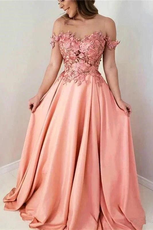 Pink Flowers Sweetheart Off-the-Shoulder A-Line Prom Dresses by misshow.com