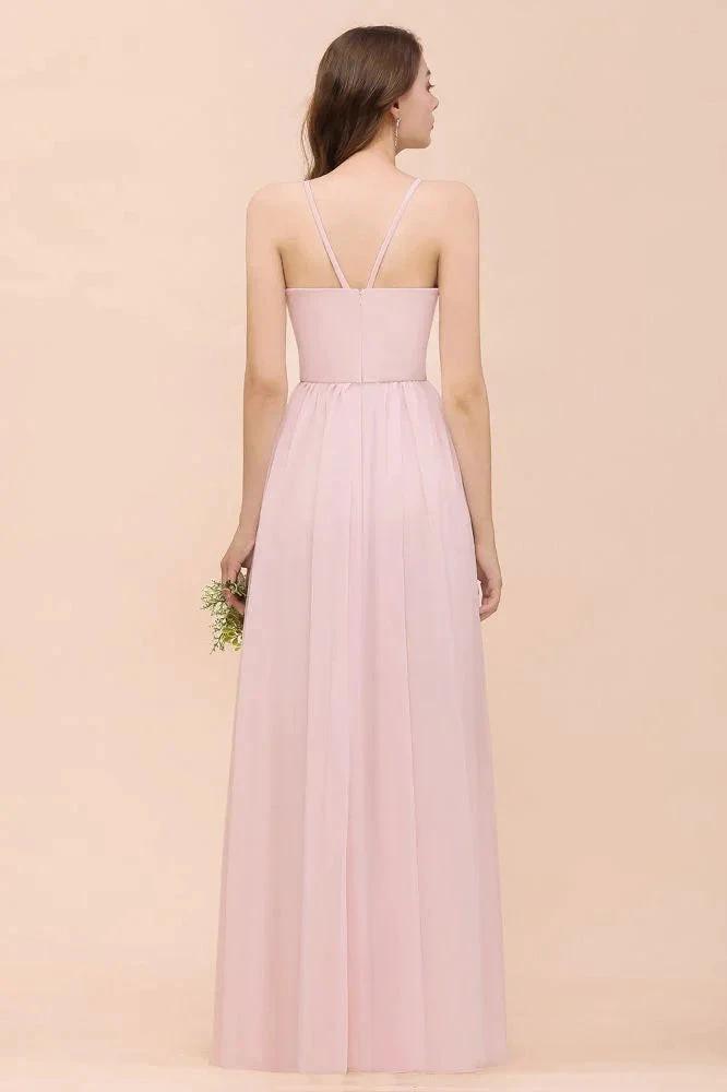 Pink Girls Bridesmaid Dress Halter Floor Length Chiffon Beach Wedding Party Dress by misshow.com