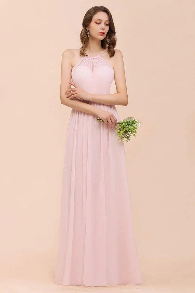 Pink Girls Bridesmaid Dress Halter Floor Length Chiffon Beach Wedding Party Dress by misshow.com