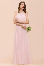 Pink Girls Bridesmaid Dress Halter Floor Length Chiffon Beach Wedding Party Dress by misshow.com