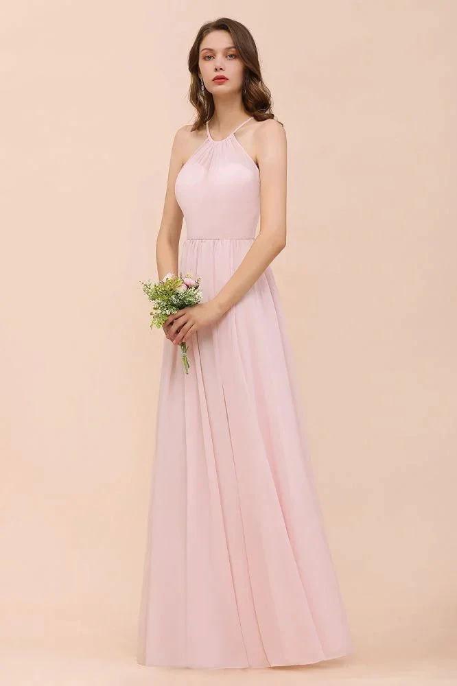 Pink Girls Bridesmaid Dress Halter Floor Length Chiffon Beach Wedding Party Dress by misshow.com