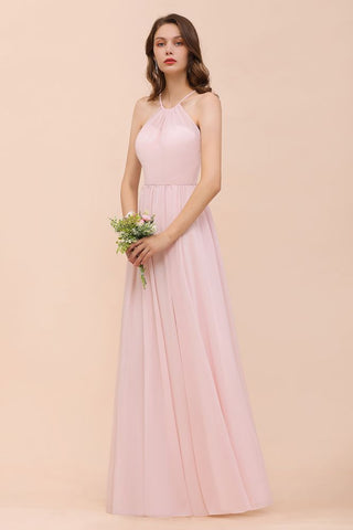 Vestido de dama de honor rosa para niñas, largo hasta el suelo, de gasa, para fiesta de boda en la playa