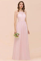 Pink Girls Bridesmaid Dress Halter Floor Length Chiffon Beach Wedding Party Dress by misshow.com