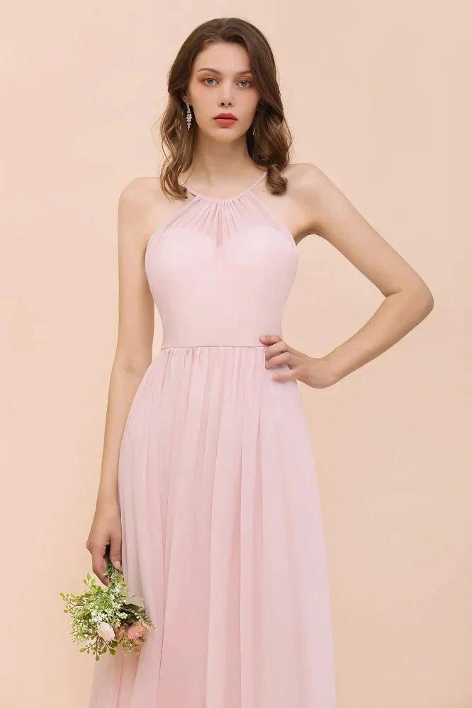 Pink Girls Bridesmaid Dress Halter Floor Length Chiffon Beach Wedding Party Dress by misshow.com