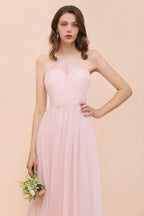 Pink Girls Bridesmaid Dress Halter Floor Length Chiffon Beach Wedding Party Dress by misshow.com